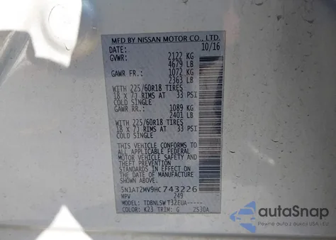 2017 Nissan Rogue Sl z USA, uszkodzony, nr VIN 5N1AT2MV9HC743226